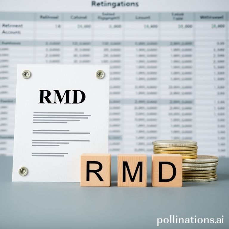 Document titled RMD (Required Minimum Distribution) on a desk, with a spreadsheet showing retirement balances and withdrawals in the background, symbolizing financial planning.