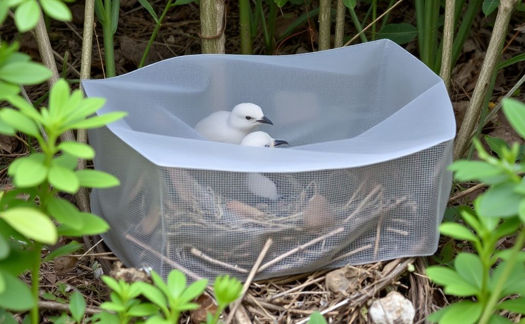 A protective barrier around a bird nest in a natural setting.