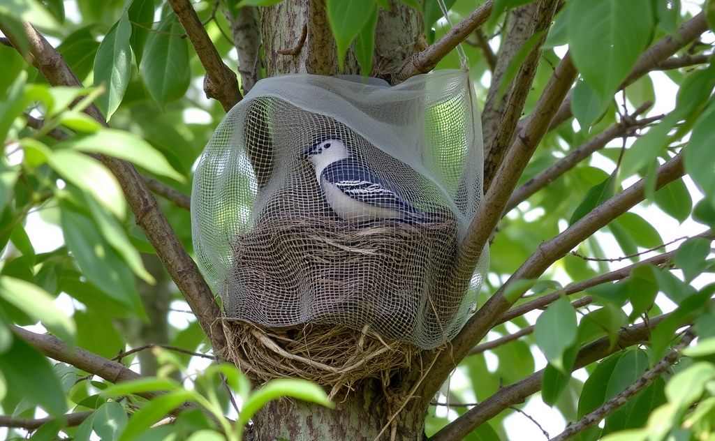 A protective barrier around a bird nest in a tree.