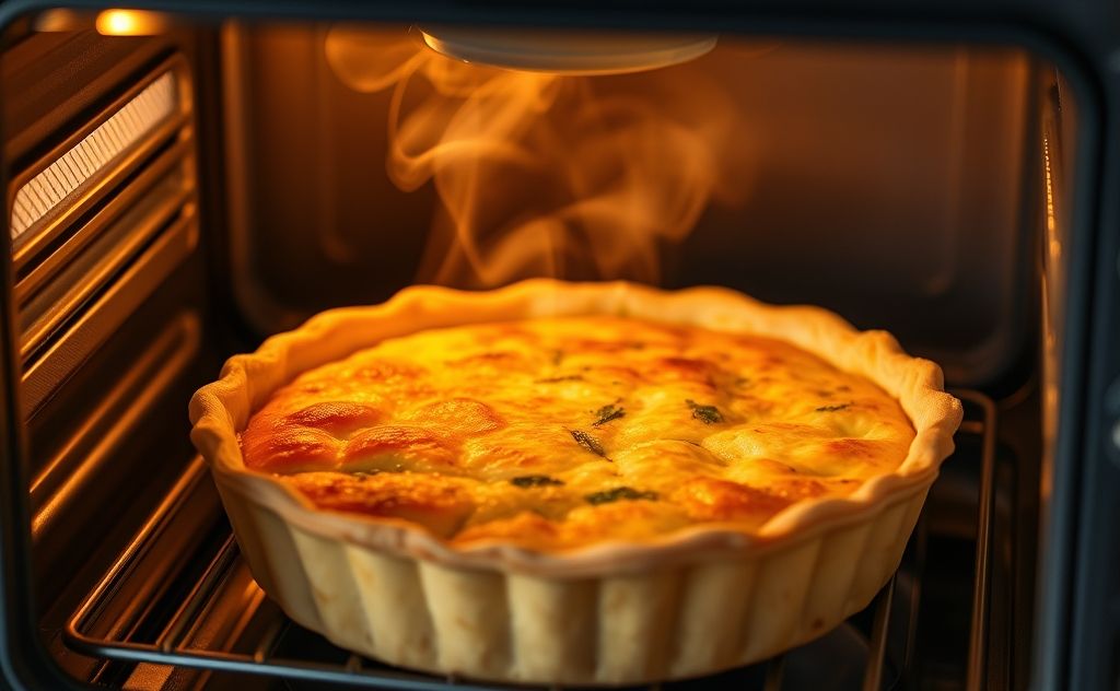 A quiche being heated in a toaster oven with steam rising.