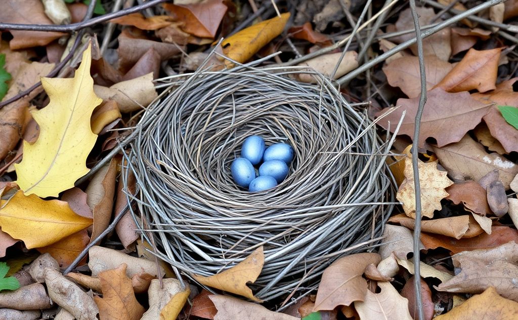 A quiet, empty bird nest surrounded by fallen leaves and twigs.