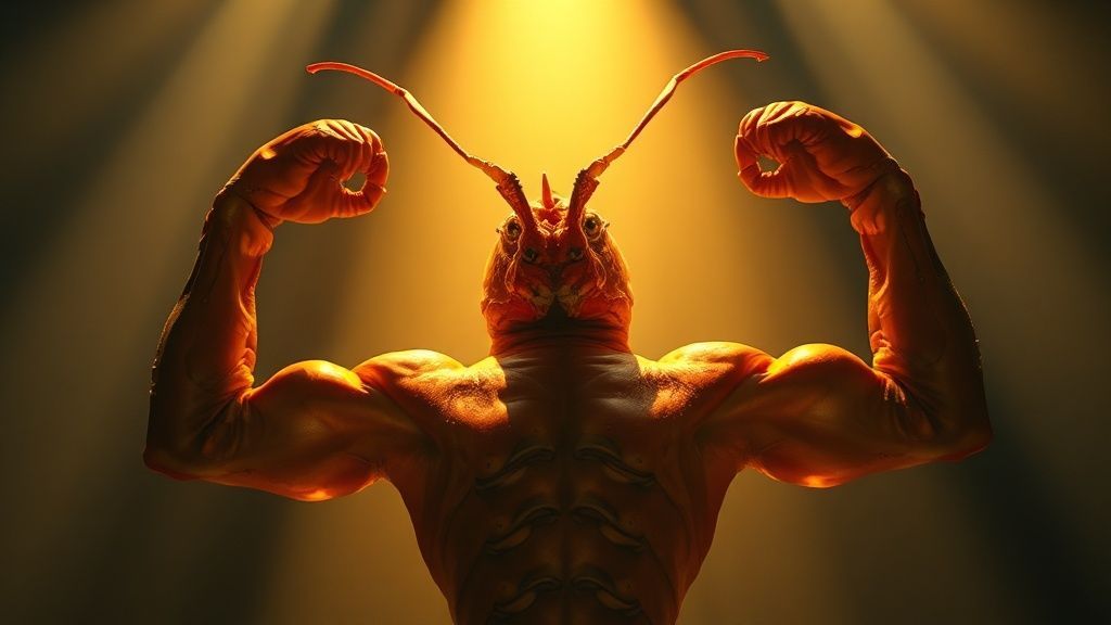 A radiant Larry the Lobster flexing under a spotlight. Muscles gleaming, surrounded by golden light, depicting confidence and leadership in a mystical, ethereal 4k cinematic scene.