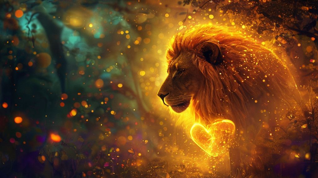 A radiant Leo, heart aglow, bathed in ethereal moonlight. Golden light embracing authenticity. Mystical forest backdrop, vibrant colors, emphasizing vulnerability as a glowing heart.