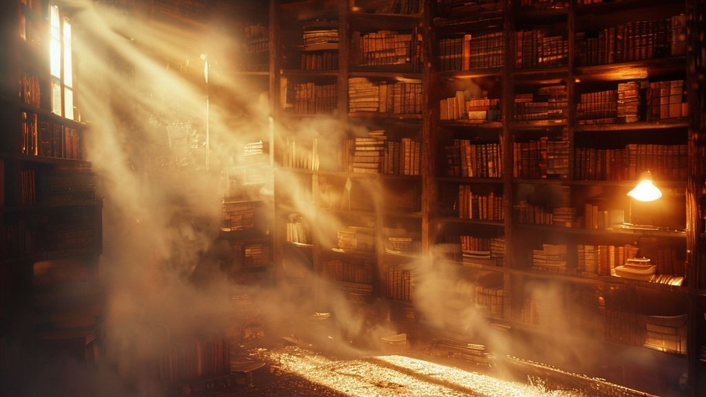 A radiant bookshelf overflowing with softly glowing books. Warm light bathes the scene, illuminating a path of swirling mist leading to inner peace, a distant sun. Mystic, ethereal, 4k, cinematic.