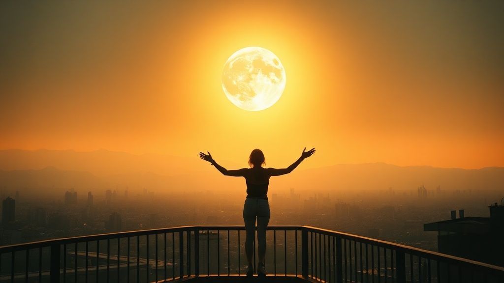 A radiant full moon bathes the Barcelona skyline in celestial light. A silhouetted figure stands on a balcony, arms outstretched, bathed in golden hues, feeling the moon's empowering energy. Mystic, ethereal, 4k, cinematic.