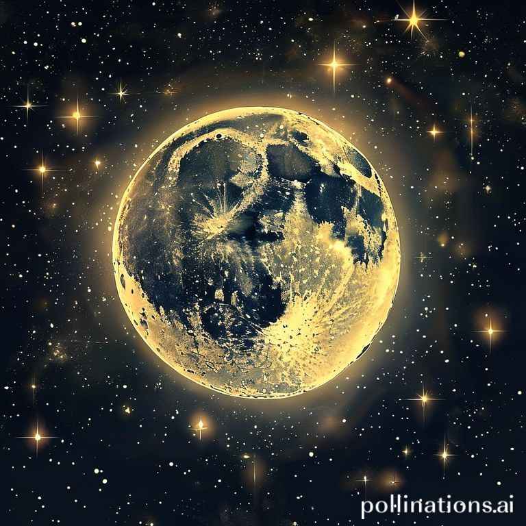 Parlayan bir dolunay gökyüzünde, etrafında parıltılar ve yıldızlar.