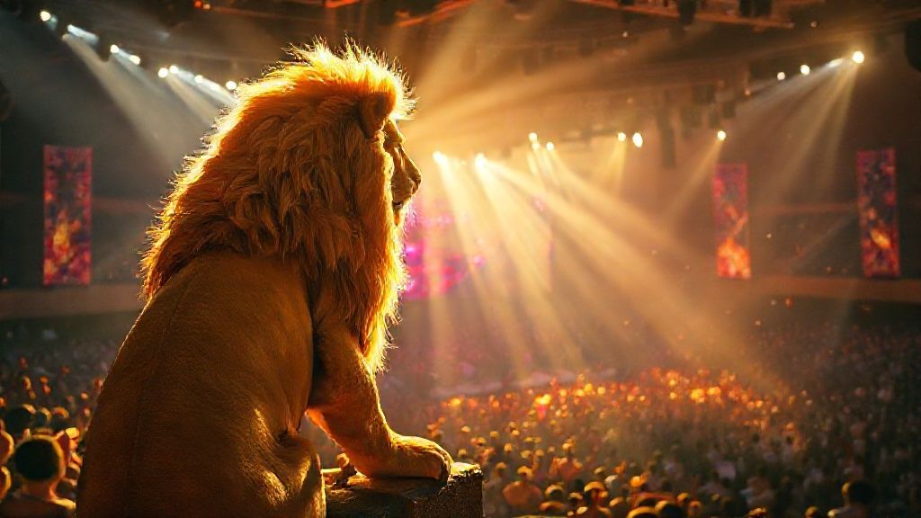 A radiant golden lion, bathed in sunlight, overlooks a stage overflowing with vibrant, creative energy. Ethereal glow, rich jewel tones, and a cinematic 4k composition.