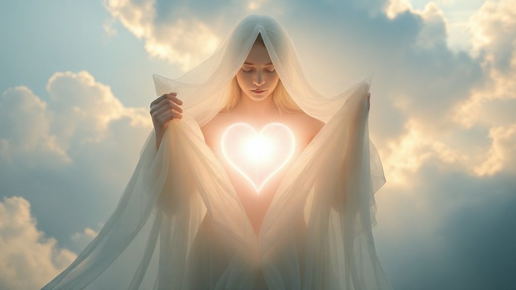 A radiant, ethereal figure gently peels away layers of translucent fabric, revealing a luminous heart. Soft light filters through clouds, a mindful, detached observation. Mystic style, 4k.