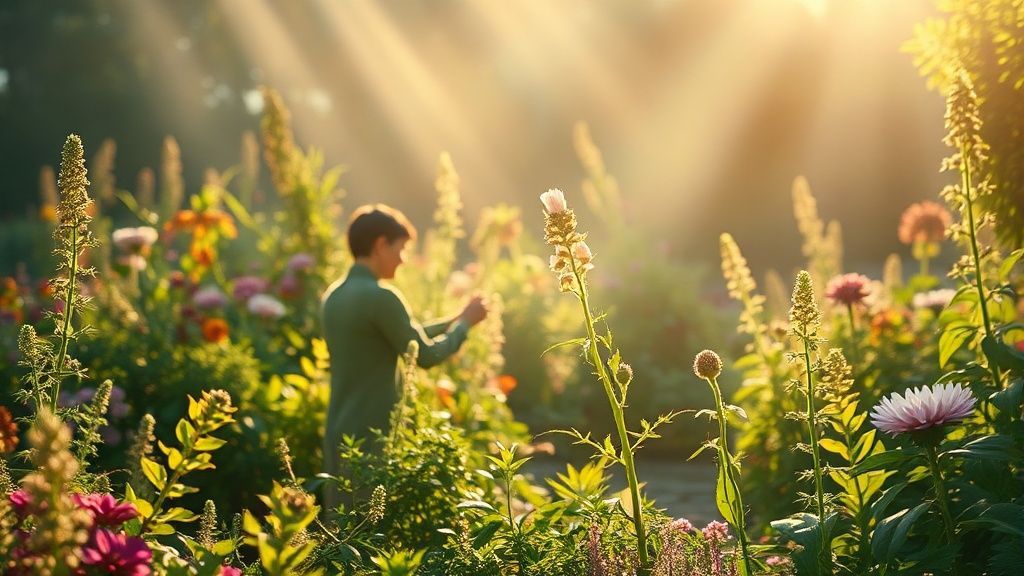 A radiant, sunlit garden filled with diverse, flourishing plants. Soft light bathes a lone figure gently tending to a fragile, blooming flower, symbolizing authentic growth and acceptance. Ethereal, mystical atmosphere.