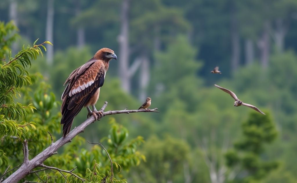 A raptor perched on a branch observing smaller birds in a forest.