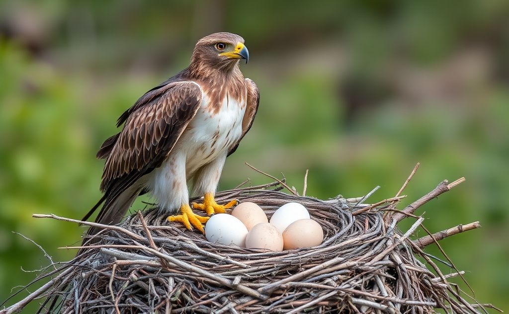 A raptor perched on a nest with eggs in a natural setting.