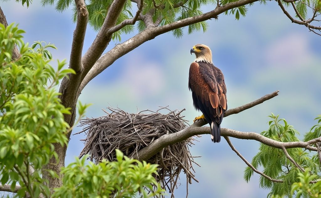 A raptor perched on a tree branch near its nest in a natural setting.
