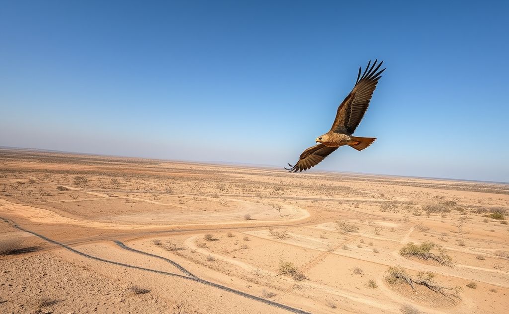A raptor soaring over a barren landscape affected by climate change.