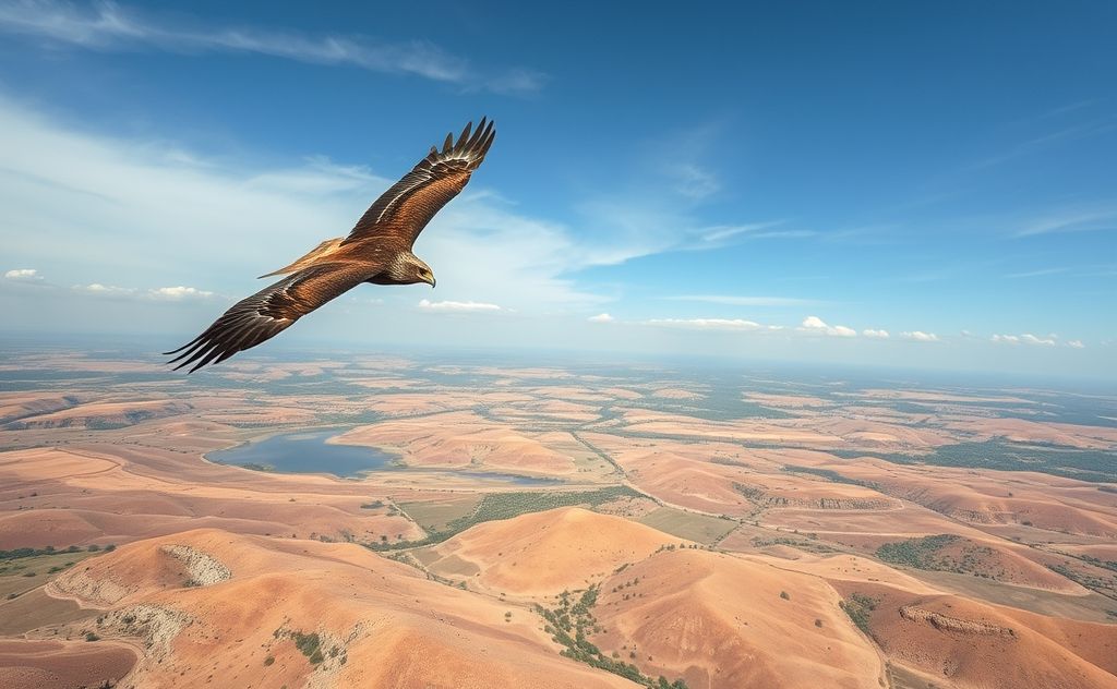 A raptor soaring over a changing landscape affected by climate change.