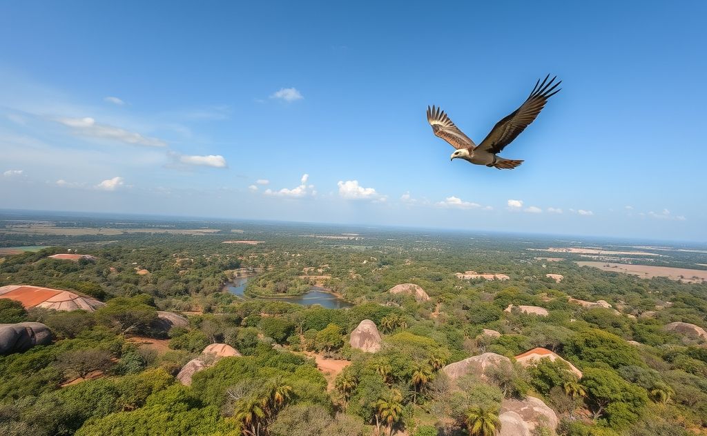 A raptor soaring over a diverse and thriving ecosystem.