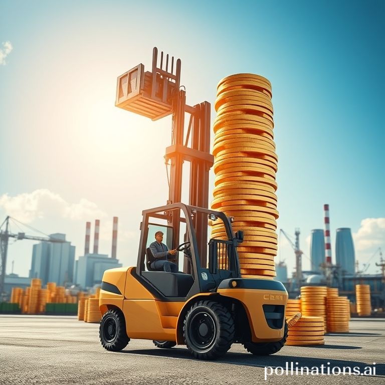 Small toy forklift lifting stacks of coins representing equipment financing for businesses.
