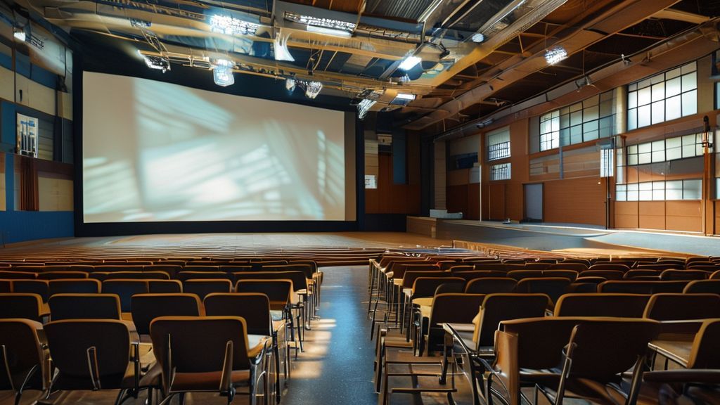 映画上映のためにスクリーンと椅子が設置された学校の体育館の様子