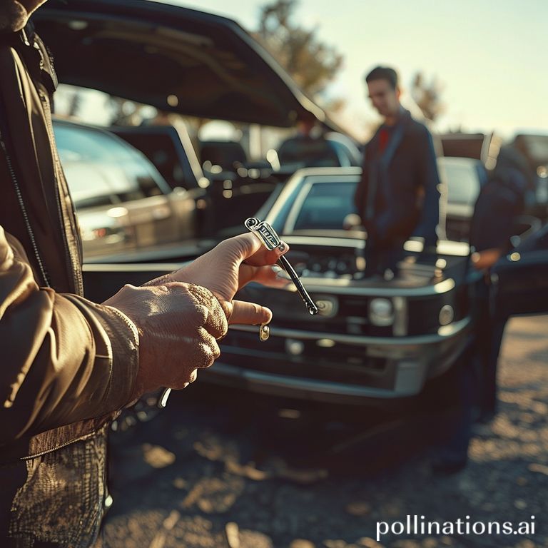 Car keys being exchanged against a backdrop of a used vehicle inspection, symbolizing a prudent and secure car purchase decision.