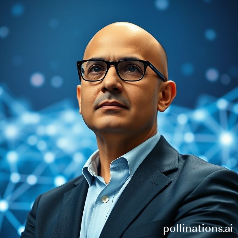 Microsoft CEO Satya Nadella, focused on AI strategy. Digital networks symbolize the company's commitment to artificial intelligence.