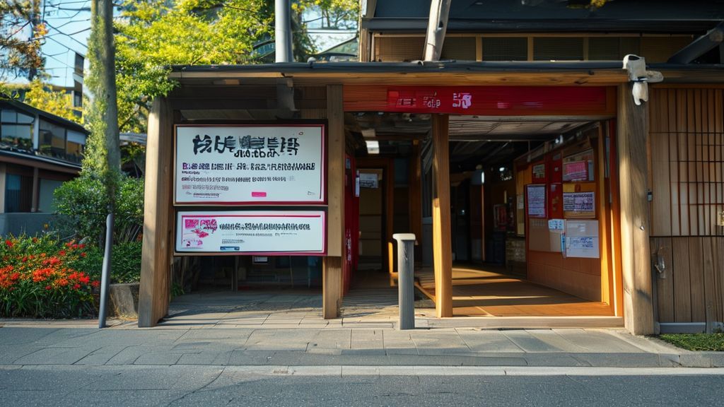 映画上映会の案内看板が設置された公民館の入り口