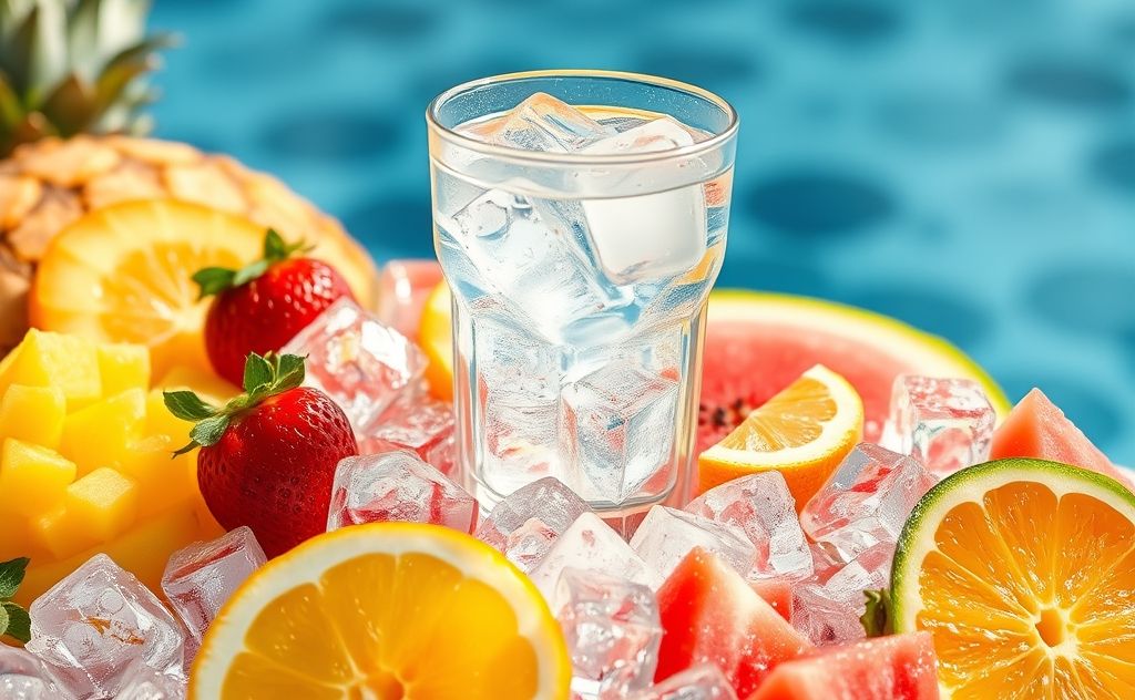 A refreshing glass of water surrounded by ice cubes and summer fruits.