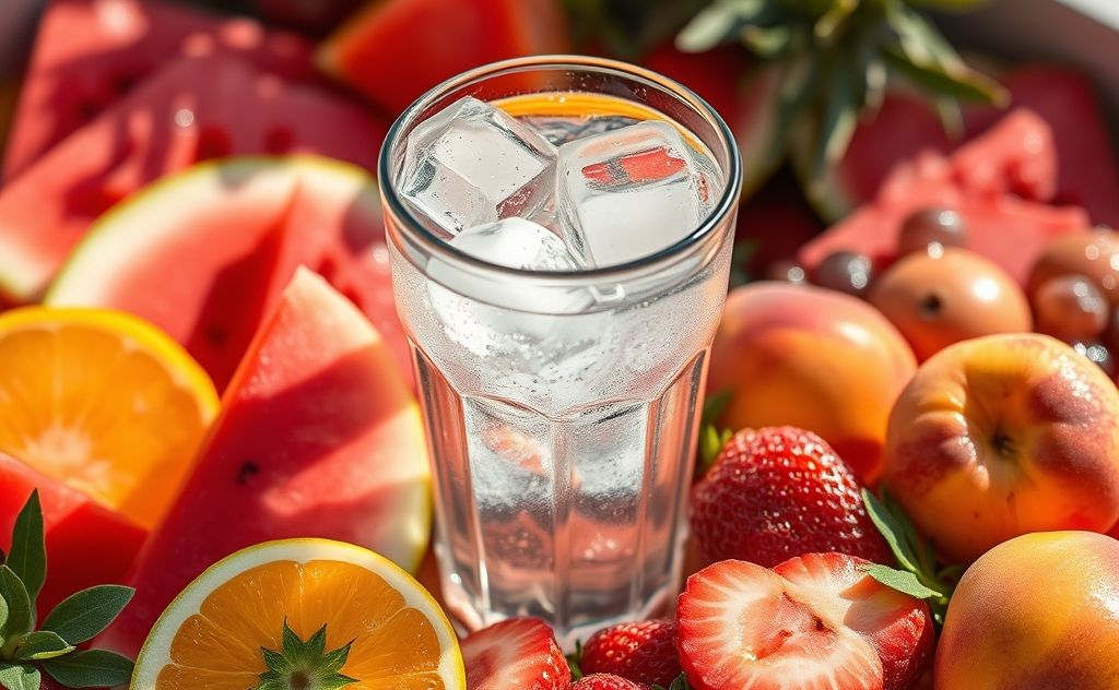 A refreshing glass of water surrounded by summer fruits and ice.