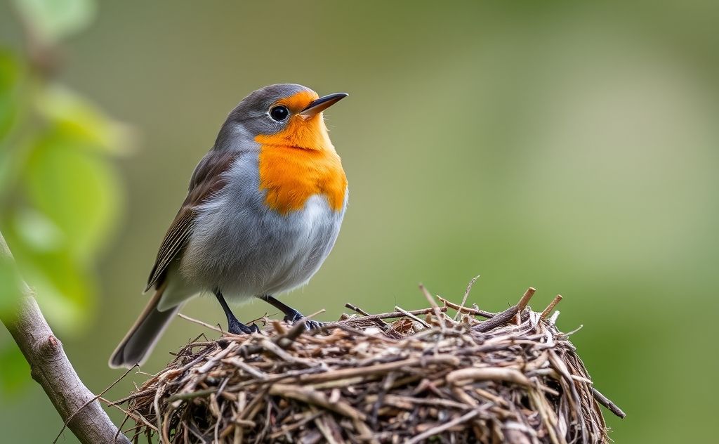 A robin perched near a nest, observing its surroundings cautiously.