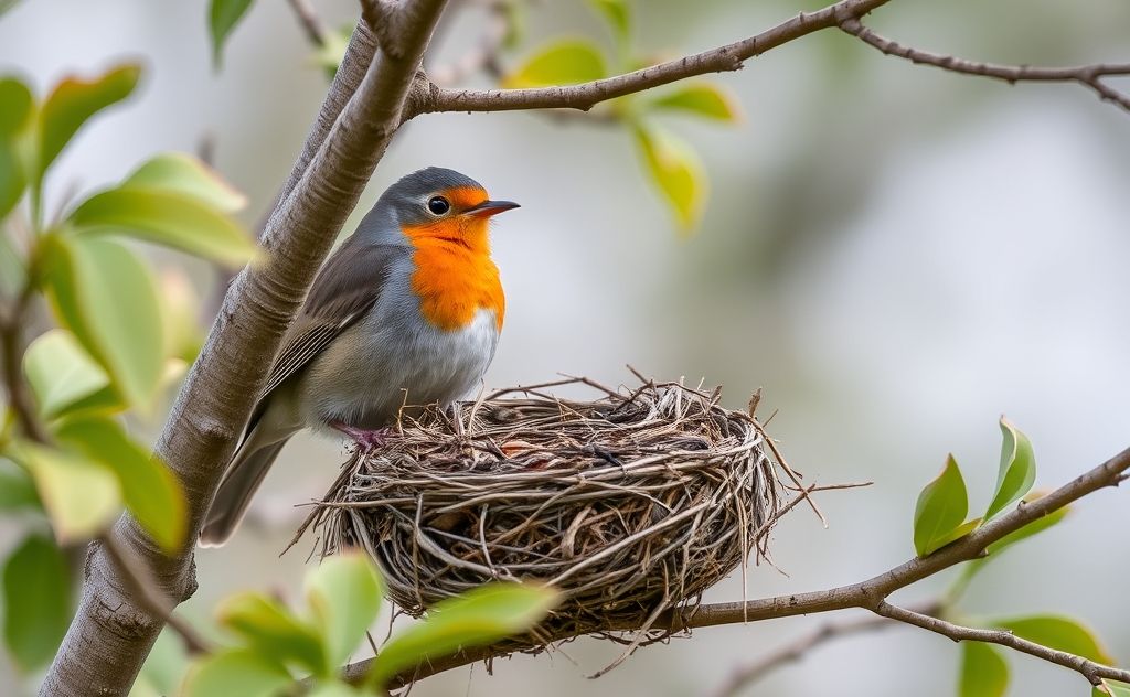 A robin perched near an empty nest in a tree.