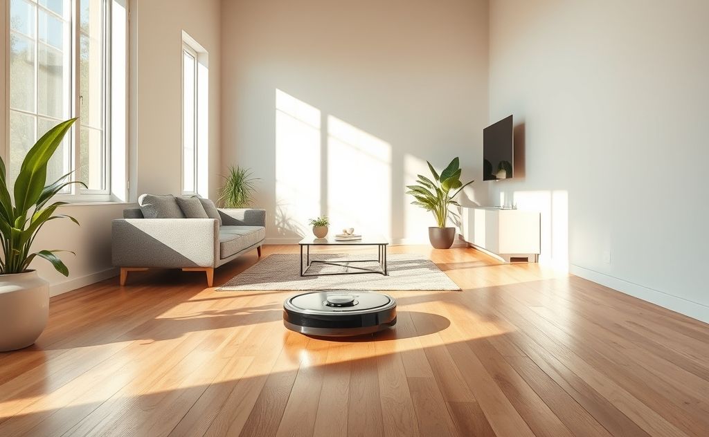 A robotic vacuum cleaning a modern living room floor.