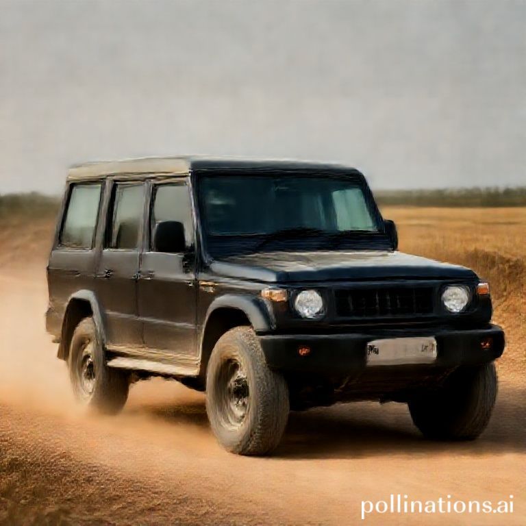 Mahindra Bolero SUV on a dusty rural road, showcasing its robust utility design for challenging terrains in India.