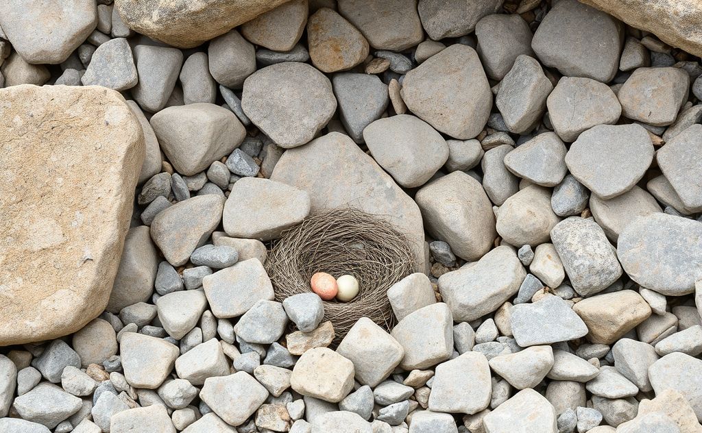 A rocky landscape with bird nests and eggs nestled among the stones.