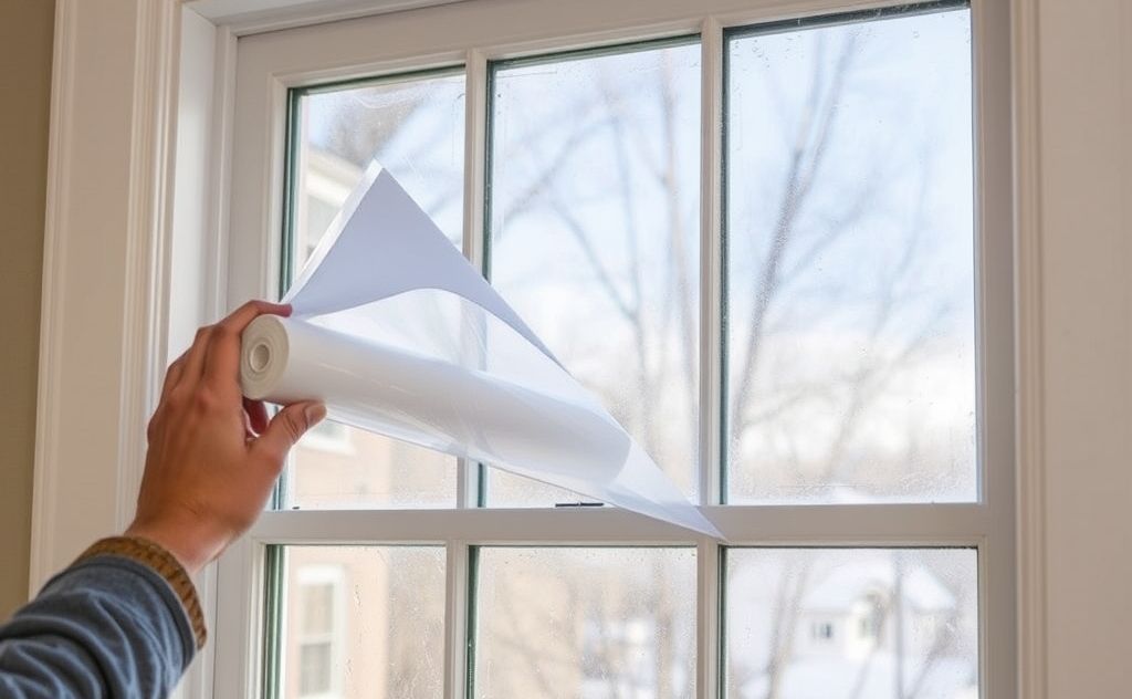 A roll of window insulation film being applied to a drafty window.