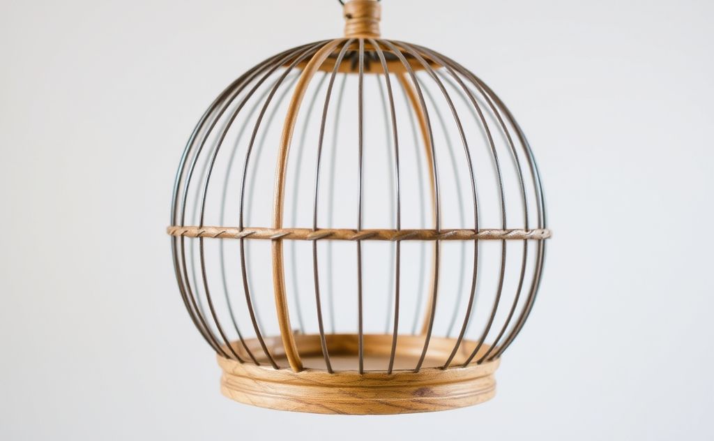 A round birdcage made of wood with intricate wire details.
