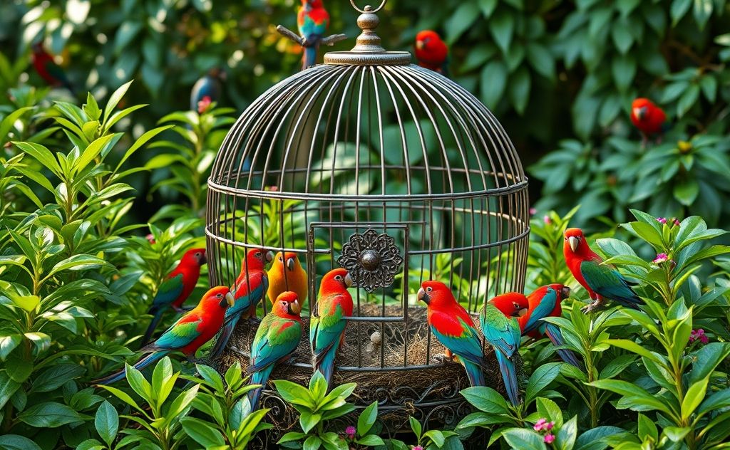 A round birdcage surrounded by colorful birds and greenery.