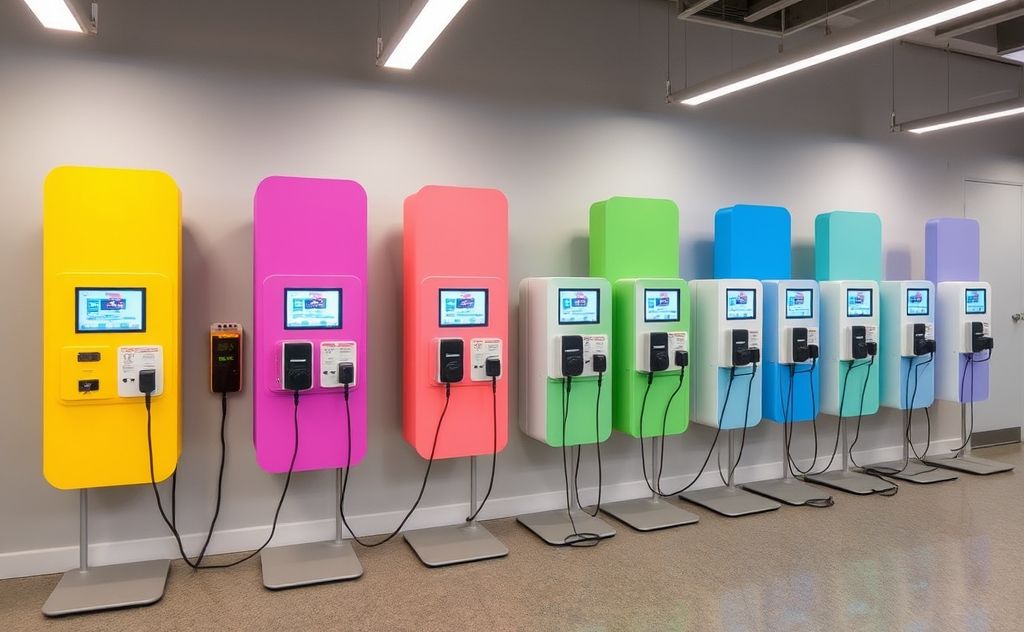 A row of color-coded charging stations for managing screen time.