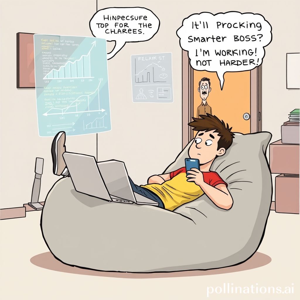 A satirical cartoon. A young person (Gen Z) is comfortably lounging on a beanbag chair, looking relaxed with a laptop on their lap and a smartphone in hand. Around them, subtle visual cues of intense productivity are happening in a humorous, exaggerated way: a holographic display showing complex code, graphs with ascending profits, and a thought bubble above their head detailing a multi-million dollar business plan or an innovative app concept. In the background, an older, slightly bewildered figure (perhaps a boss in a suit) peers in from a doorway with a questioning, slightly disapproving look, perhaps holding a traditional briefcase or a stack of paper. The Gen Z character has an aura of 