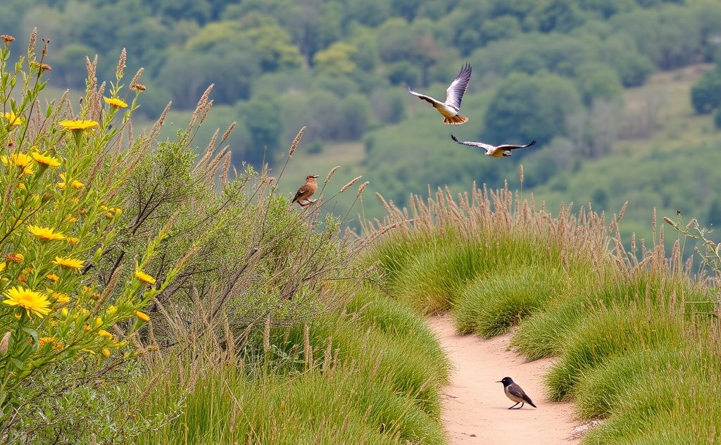 A scenic birding trail with diverse bird species in vibrant nature.