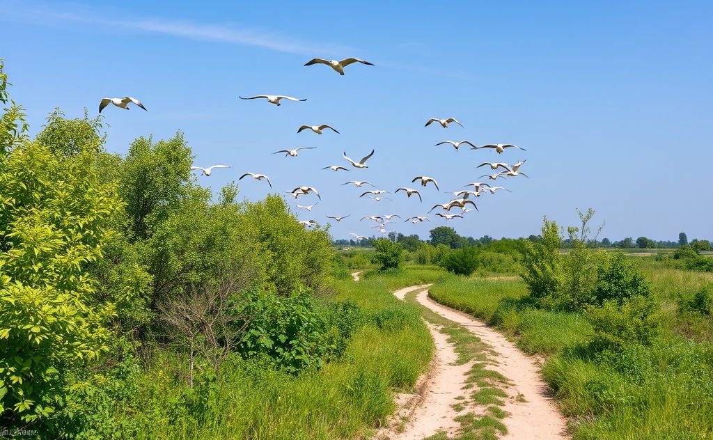 A scenic trail through lush greenery with migratory birds in flight.