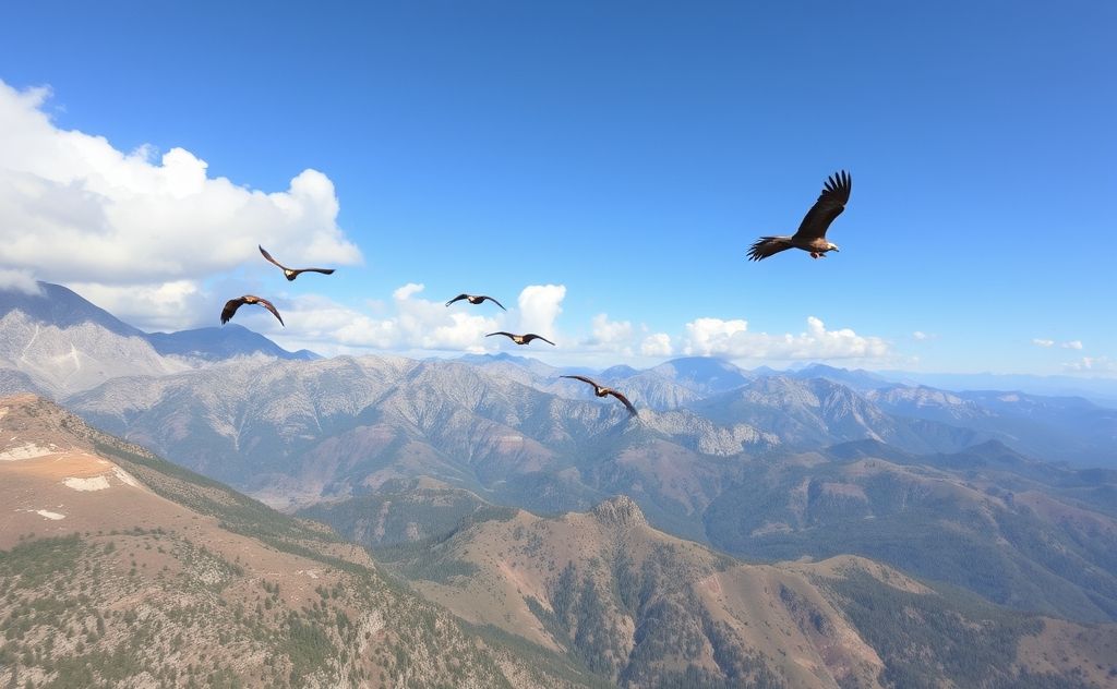 A scenic view of raptors soaring along a mountain flyway.