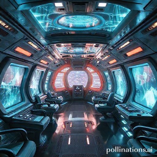A sci-fi spaceship interior with holographic displays