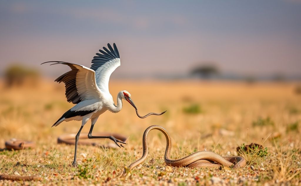 A secretary bird hunting for snakes in the African savanna.