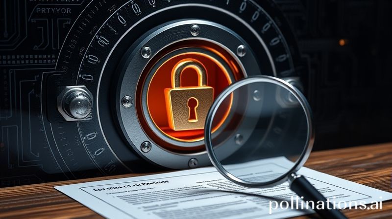 Secure digital vault with crypto symbols and a magnifying glass over a document