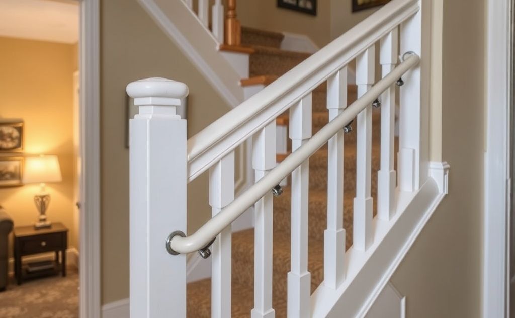 A secure handrail installed along a staircase in a cozy home setting.