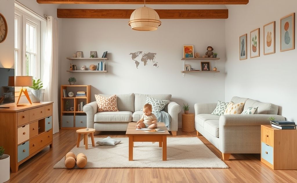 A secure home environment with childproofed furniture and safety features.