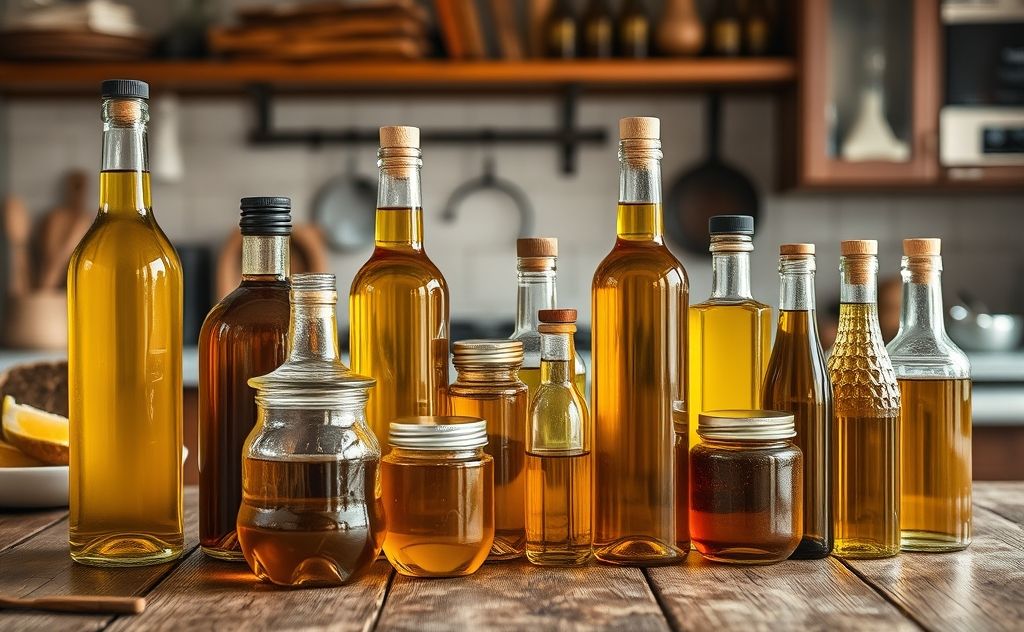 A selection of cooking oils arranged on a wooden kitchen table.
