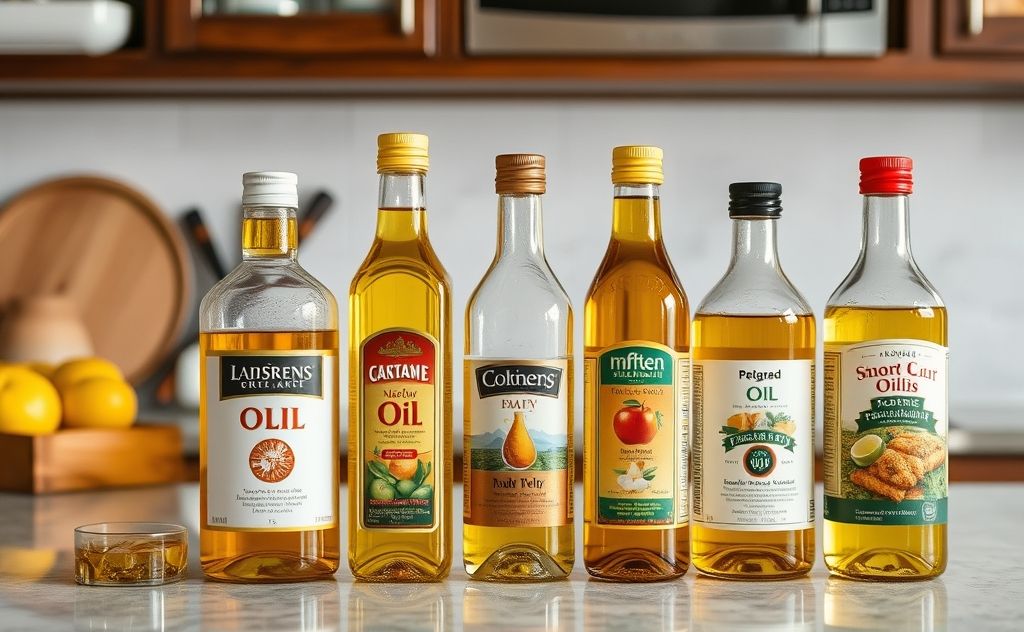 A selection of cooking oils with a high smoke point on a kitchen counter.
