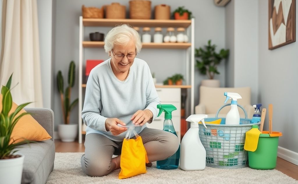 A senior organizing a tidy living space with cleaning supplies.