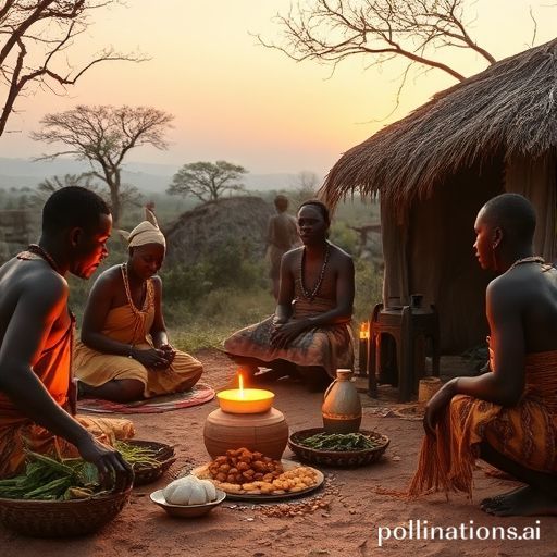 A serene African ritual scene where villagers leave offerings at a shrine dedicated to their ancestors, whose benevolent spirits are depicted as glowing figures watching over them.