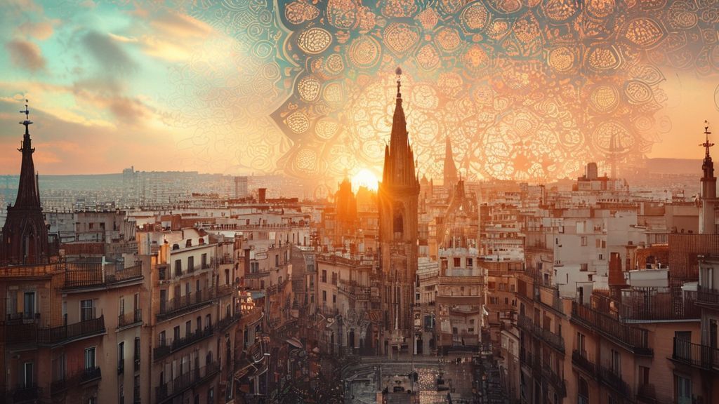 A serene Barcelona cityscape glows faintly, viewed through a partially colored, ornate mandala. Soft light bathes the scene, highlighting intricate details and vibrant, muted colors.