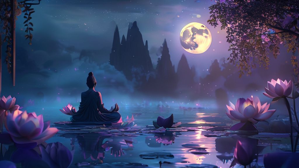A serene Thai corner bathed in moonlit blues and purples. A hidden, veiled moon emanates a soft, ethereal glow over a meditating figure, surrounded by blooming lotus flowers. Mystic and calm, 4k.